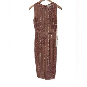 Mac Duggal Tea‎ Length Beaded Embellished Midi Dress Jewel Blush Dusty Rose Sz 2